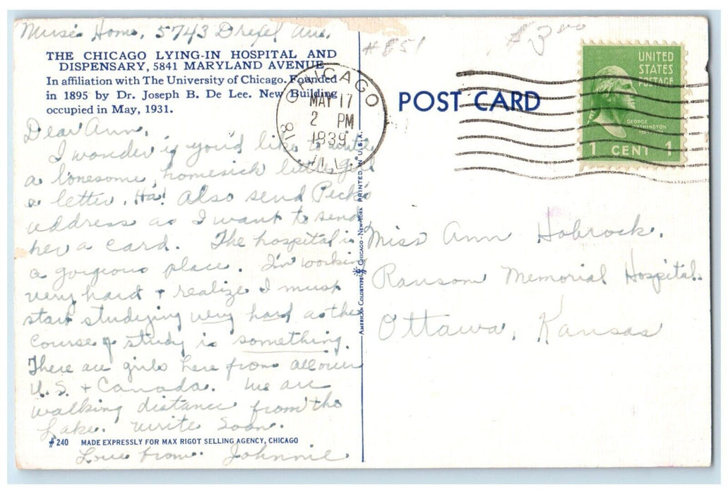 1939 The Chicago Lying In Hospital University Of Chicago Illinois IL Postcard