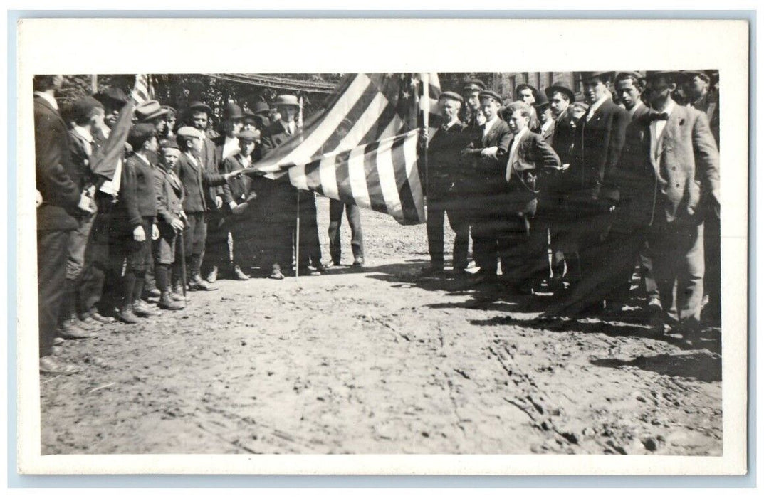 c1910's F.W. Savage Patriotic Flag Crowd Men Granville NY RPPC Photo Postcard