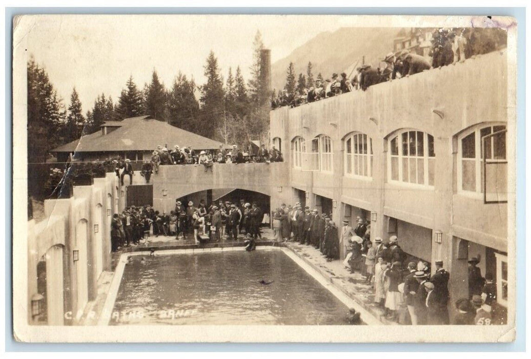 c1920's C.P.R. Swimming Bathing Pool Banff Alberta Canada RPPC Photo Postcard