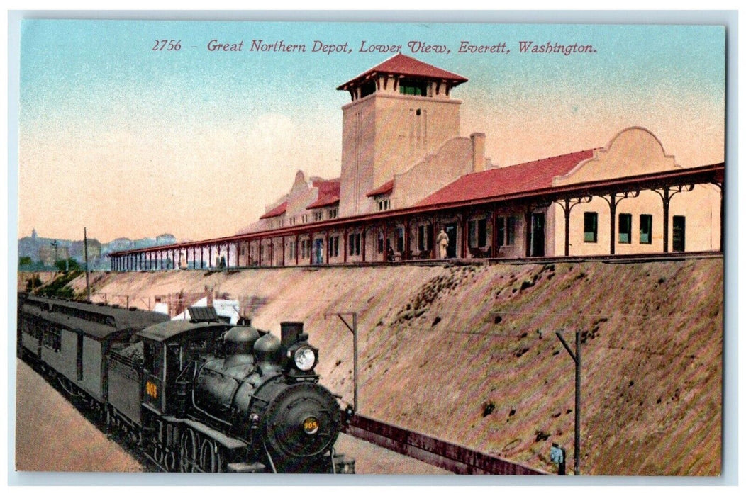 c1910 Great Northern Depot Lower View Locomotive Everett Washington WA Postcard