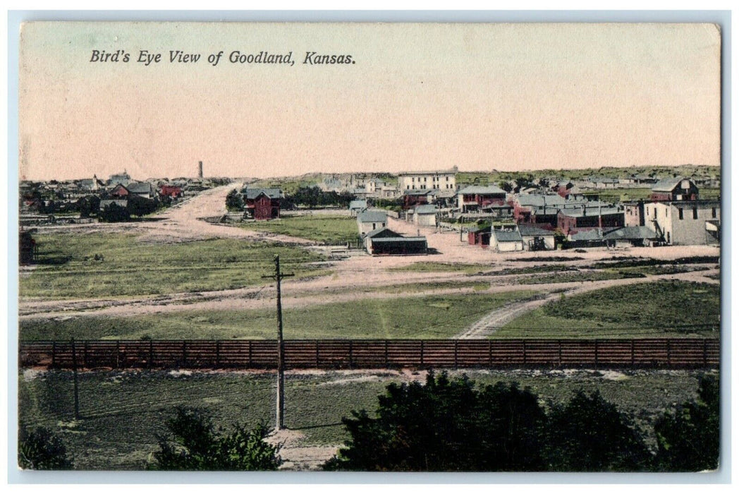 1909 Bird's Eye View Of Goodland Kansas KS, Houses Dirt Road Antique Postcard