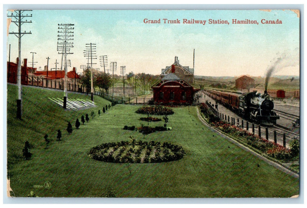 c1910 Train Grand Trunk Railway Station Hamilton Ontario Canada Postcard
