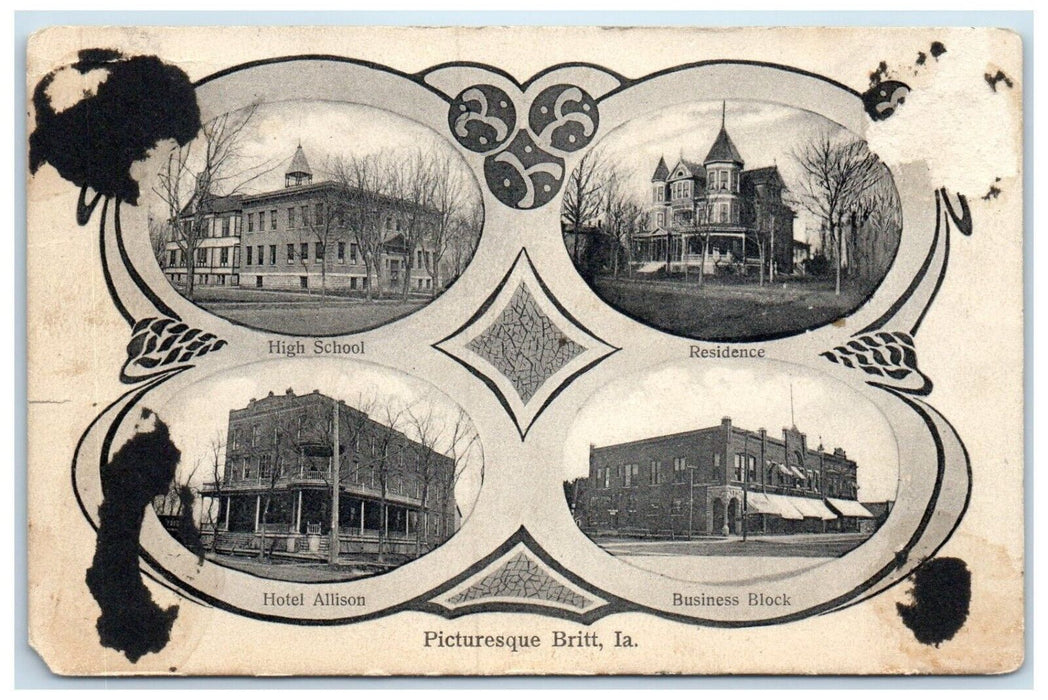 1908 Picturesque Britt Iowa IA, Buildings Multiview Posted Antique Postcard