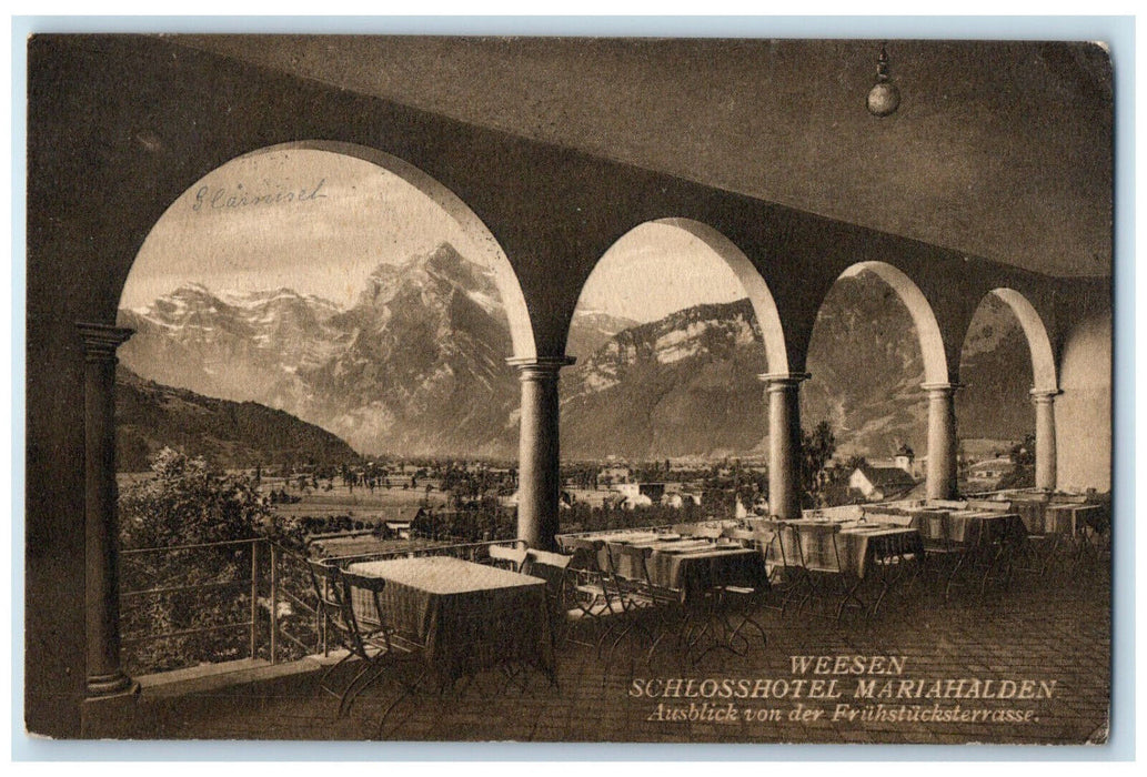 c1910 Breakfast Terrace Weesen Castle Hotel Mariahalden Switzerland Postcard