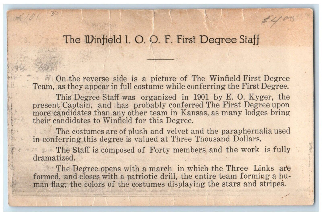 c1905 1st Degree Team IOOF No. 101 Winfield Kansas KS Antique Postcard