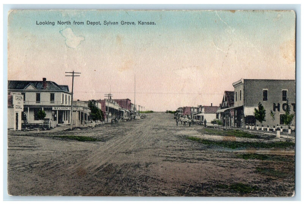 c1910's Looking North From Depot Sylvan Grove Kansas KS, Dirt Road Postcard