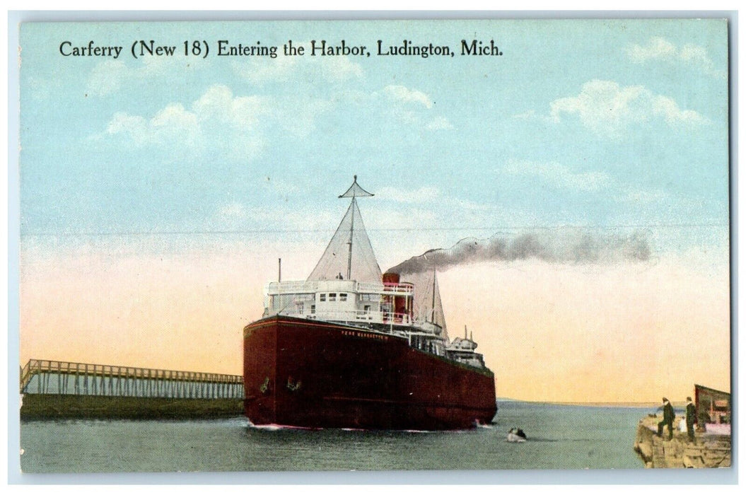 c1910's Carferry New 18 Entering The Harbor Ludington Michigan MI Postcard