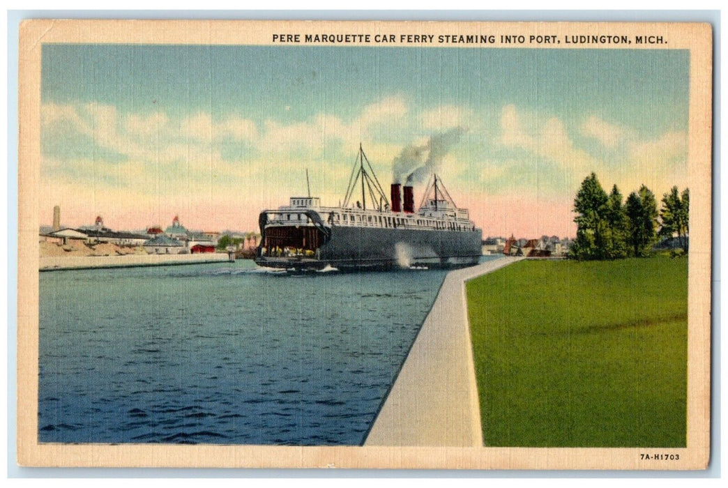 1937 Pere Marquette Car Ferry Steaming Into Port Ludington Manistee MI Postcard