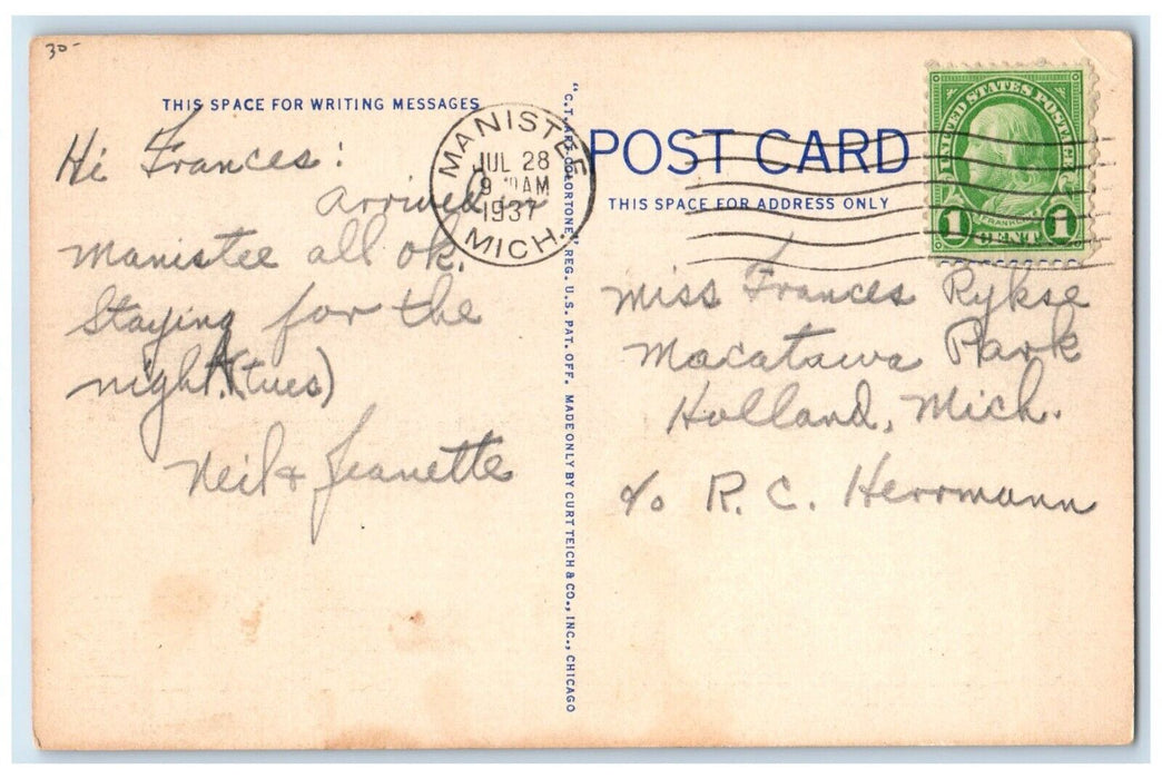 1937 Pere Marquette Car Ferry Steaming Into Port Ludington Manistee MI Postcard