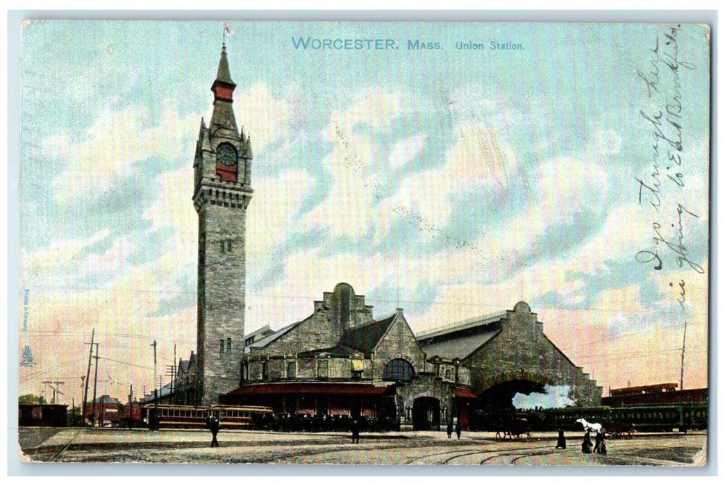 1907 Union Station Locomotive Train Worcester Massachusetts Tuck Sons Postcard