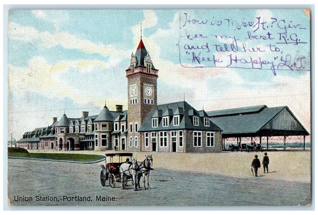 1908 Union Station Exterior Building Horse Carriage Portland Maine ME Postcard