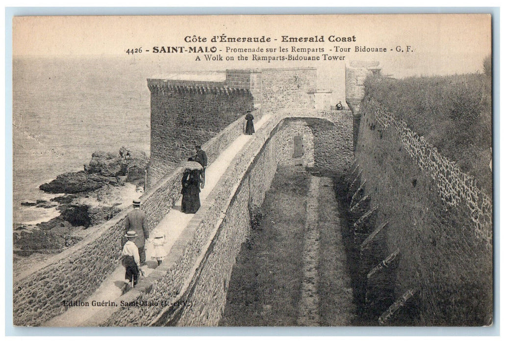 c1910 Emerald Coast Walk on Ramparts Bidouane Tower Saint Malo France Postcard