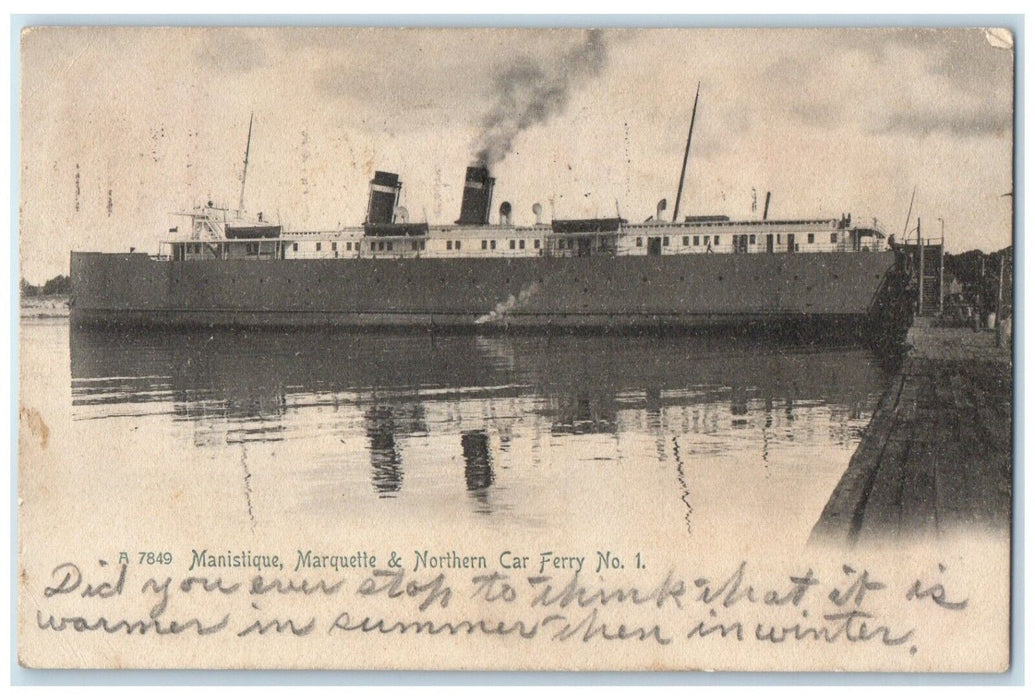 1905 Manistique Marquette & Northern Car Ferry No. 1 Manistee MI Posted Postcard