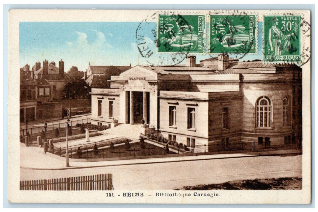 1935 Entrance View Carnegie Reims Library Reims France Vintage Posted Postcard