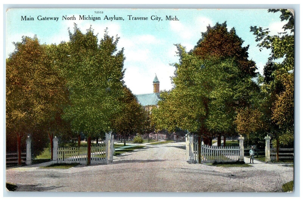 c1910's Main Gateway North Michigan Asylum Insane Traverse City MI Postcard