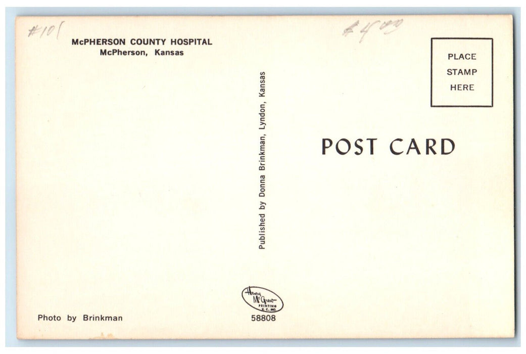 c1950's McPherson County Hospital Building Cars McPherson Kansas KS Postcard
