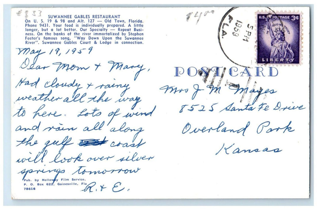 1959 Suwanee Gables Restaurant Cars Gas Station Old Town Florida FL Postcard