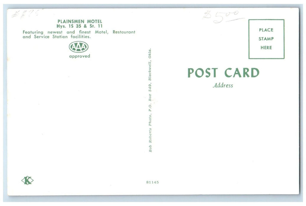 c1950's Plainsmen Motel Restaurant Conoco Cars Blackwell Oklahoma OK Postcard