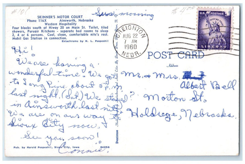 1960 Skinner's Motor Court Motel Roadside Car Ainsworth Nebraska NE Postcard