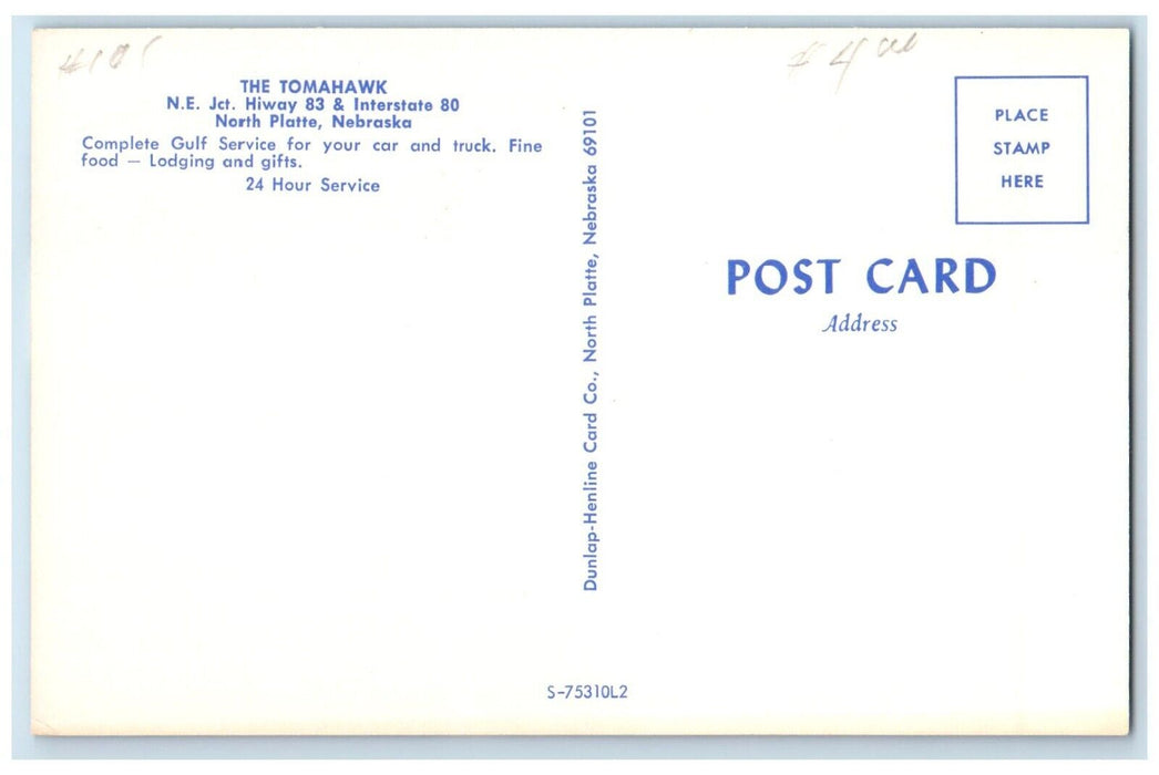 c1950's Tomahawk Gulf Service Fine Food Restaurant North Platte NE Postcard