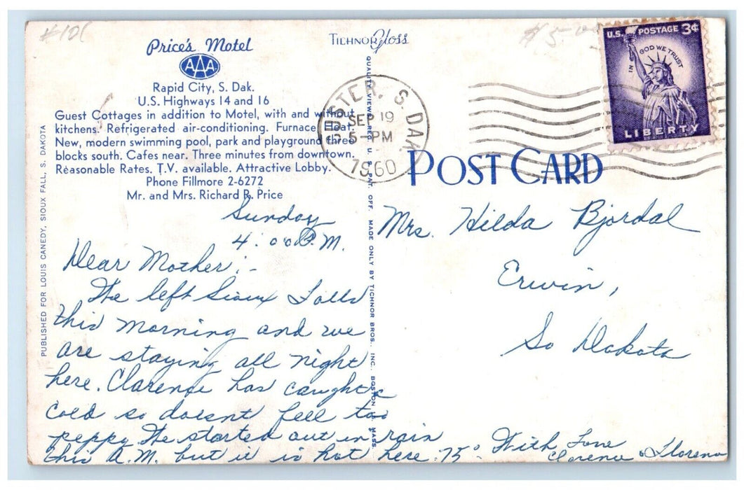 1960 Price's Motel In Black Hills Gas Station Rapid City SD Dual View Postcard