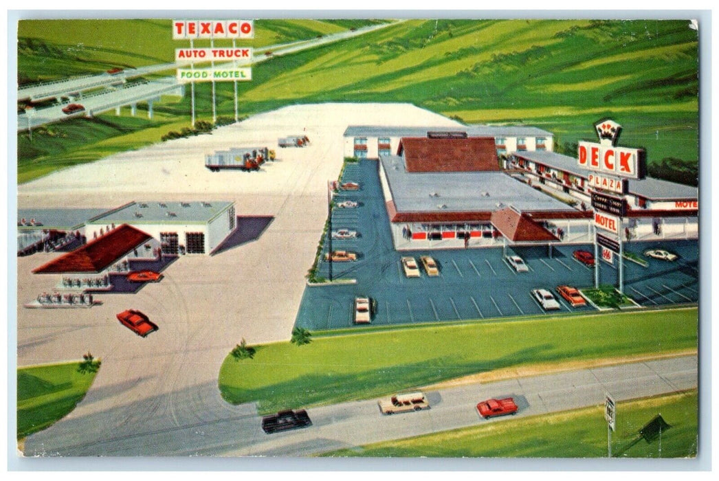 c1950's Deck Plaza Motel Texaco Auto Truck Geneseo Illinois IL Vintage Postcard