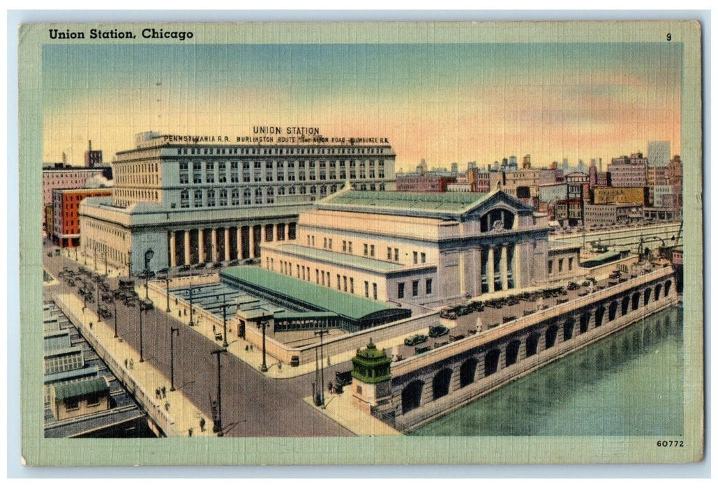 1942 Birds Eye View Union Station Buildings Chicago Illinois IL Antique Postcard