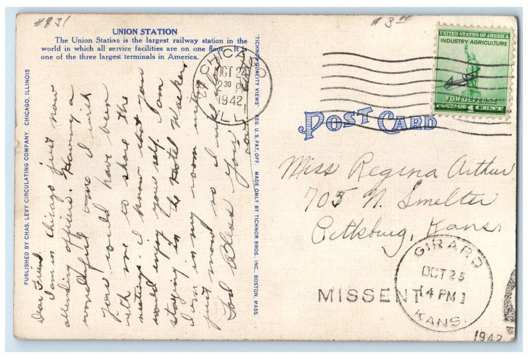1942 Birds Eye View Union Station Buildings Chicago Illinois IL Antique Postcard