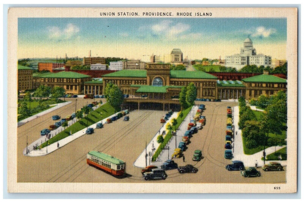 c1940 Birds Eye View Union Station Classic Cars Providence Rhode Island Postcard