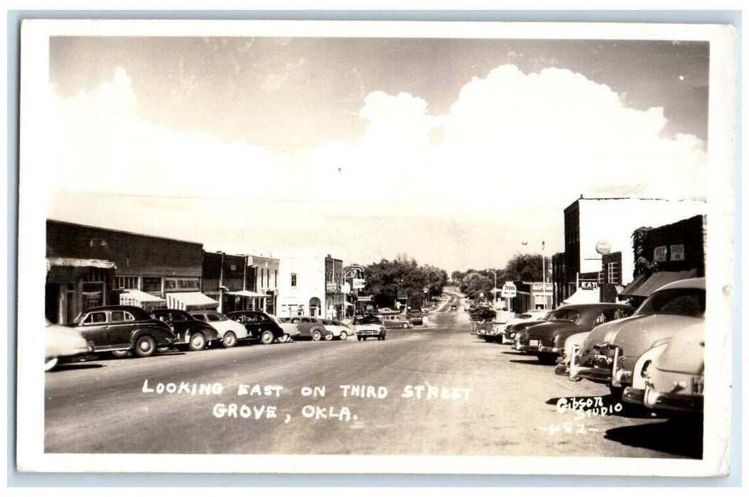 1958 Third Street Looking East Tydol Gibson Studio Grove OK RPPC Photo Postcard