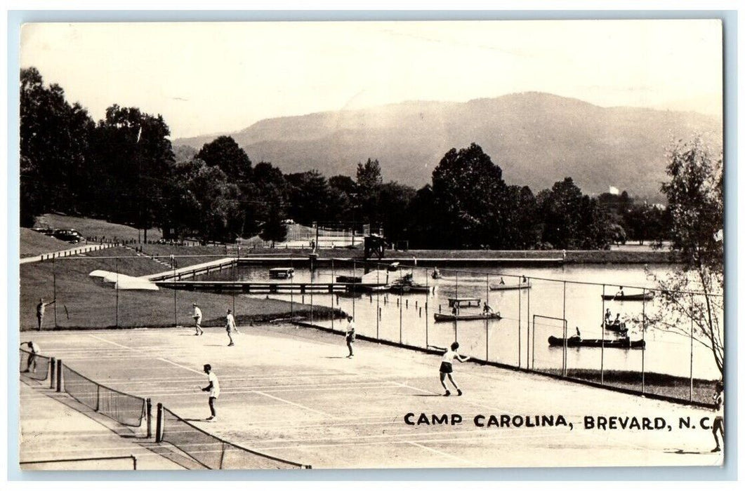 1941 Camp Carolina Tennis Boating Canoe View Brevard NC RPPC Photo Postcard