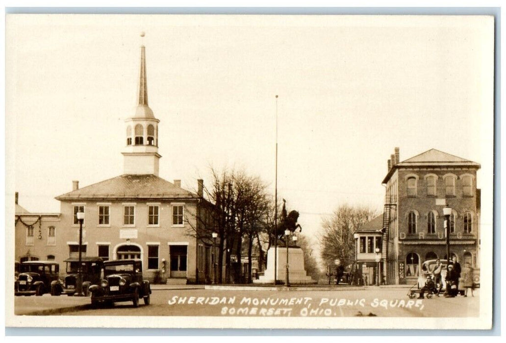 c1930's Sheridan Monument Public Square Somerset Ohio OH RPPC Photo Postcard