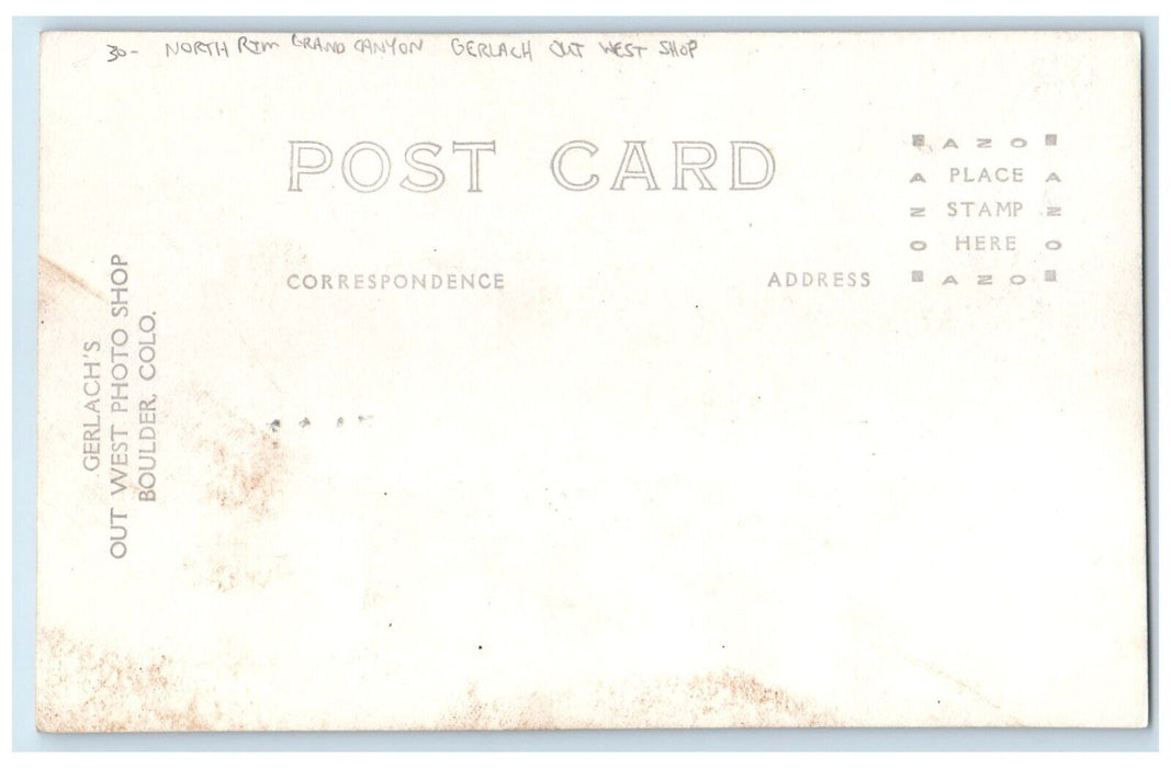 North Rim Grand Canyon Gerlach Out West Shop Boulder CO RPPC Photo Postcard