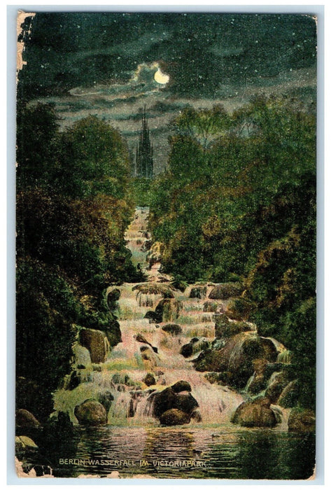 1911 Waterfall In Victoria Park at Moonlight Berlin Germany Posted Postcard