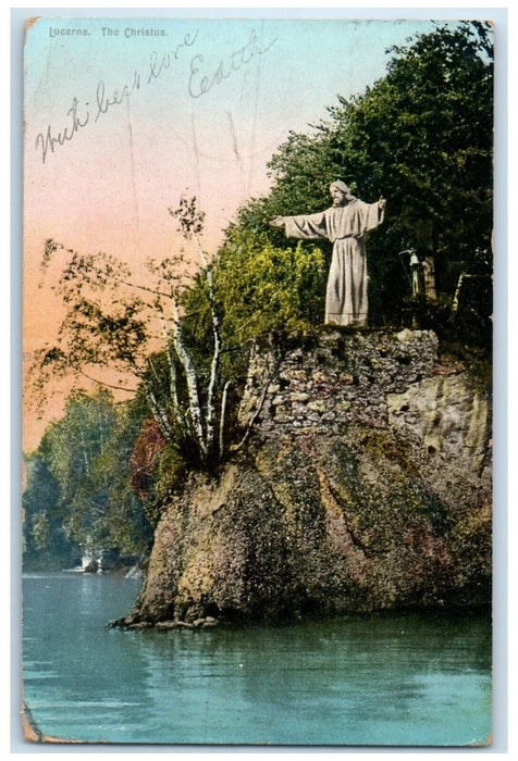 1907 River View The Christus Statue Lucerne Switzerland Antique Postcard
