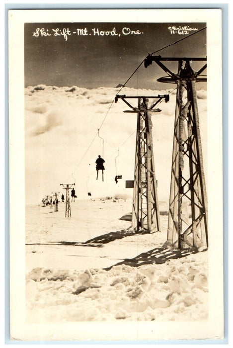 c1940's Ski Lift Mt. Hood Oregon OR, Winter Scene Christian RPPC Photo Postcard