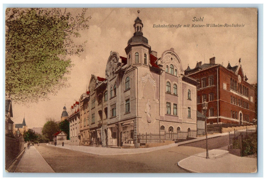 1914 Station Street With Kaiser Wilhelm Realschule Suhl Germany Postcard