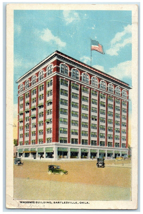 c1930's Masonic Building Cars Street View Bartlesville Oklahoma OK Postcard