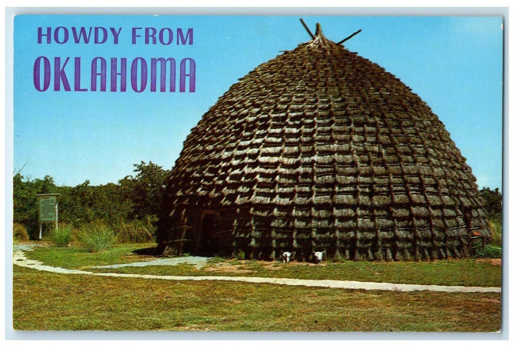 Howdy From Oklahoma Wichita Ceremonial Grass House Indian City Anadarko Postcard