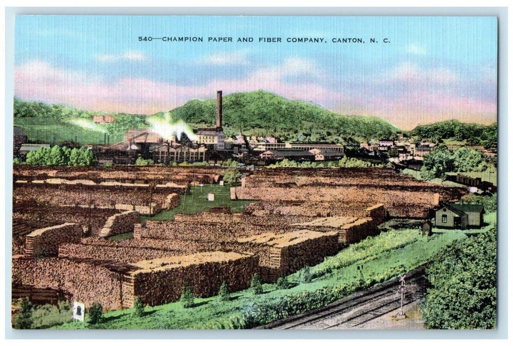 c1940 Champion Paper Fiber Company Factory Logs Canton North Carolina Postcard