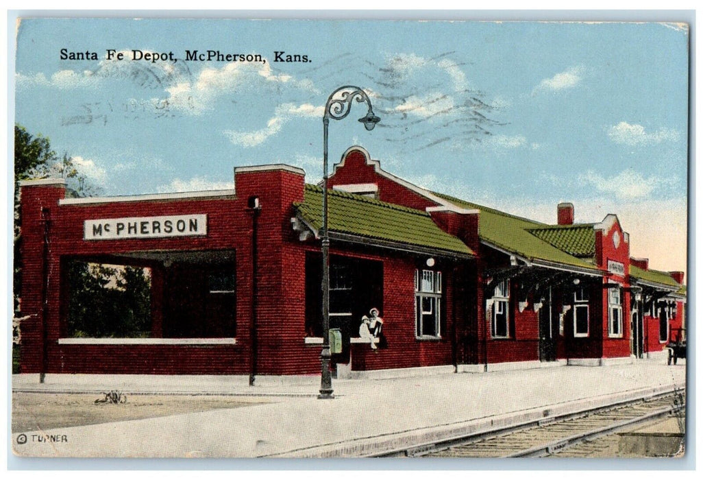 1920 Exterior View Santa Fe Depot Building Railway McPherson Kansas KS Postcard