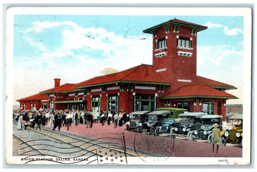 1931 Union Station Building Crowd Classic Cars Salina Kansas KS Vintage Postcard