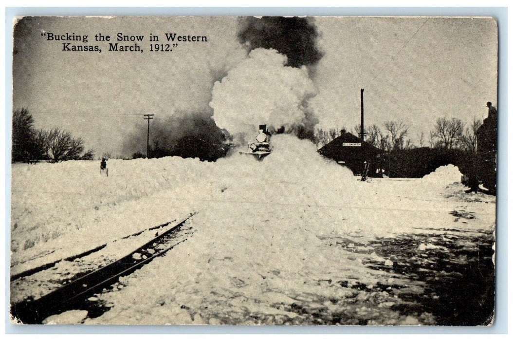 c1912 Bucking Snow Locomotive Train Railroad Western Kansas KS Unposted Postcard