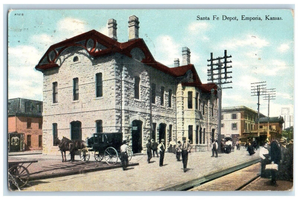 1910 Santa Fe Depot Building Horse Carriage Crowd Emporia Kansas Posted Postcard