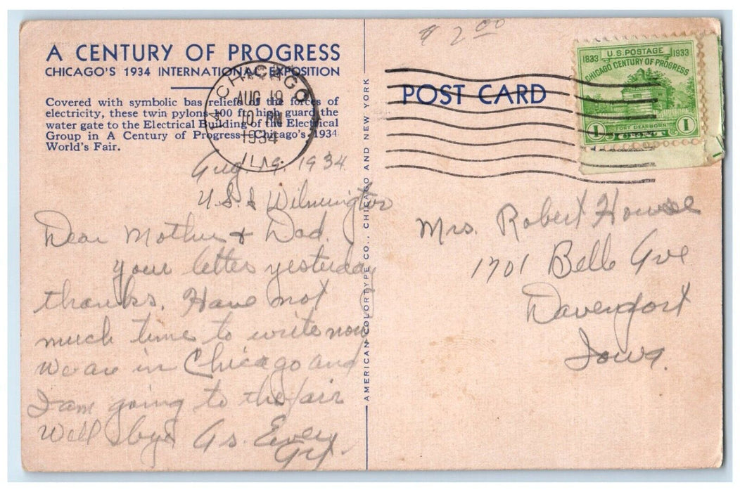 1934 Boat Landing Pylons Century Progress Chicago Illinois IL Vintage Postcard