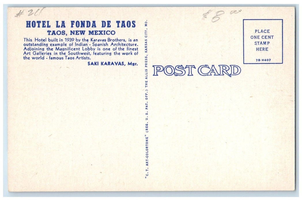 c1940's Hotel La Fonda De Taos Building Taos New Mexico NM Vintage Postcard