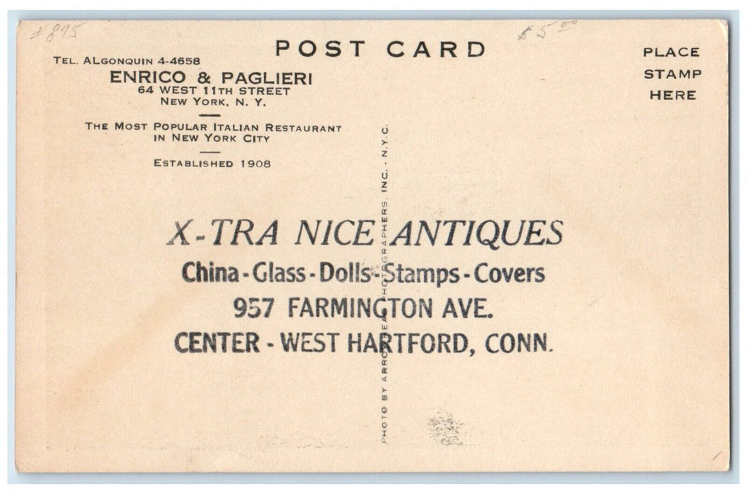 1940 Enrico Paglieri West 11th Street Restaurant New York City New York Postcard