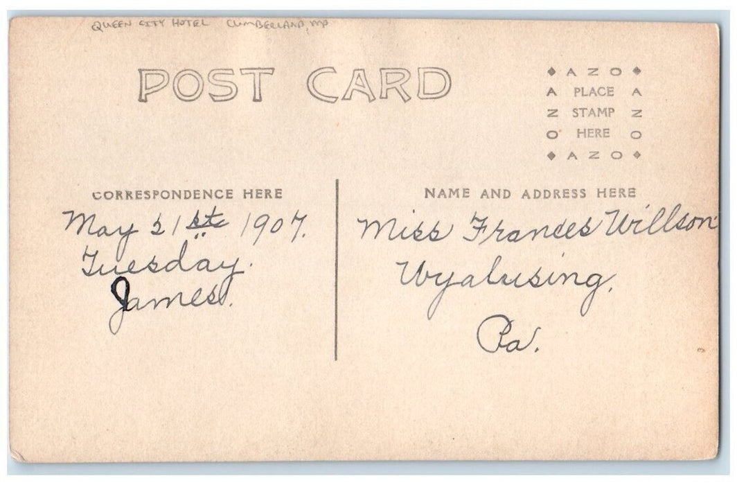 1907 Queen City Hotel Building View Cumberland Maryland MD RPPC Postcard