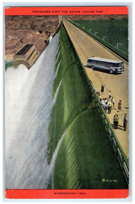 c1940 Birds Eye View Travelers Visit Grand Coulee Dam Bus Washington WA Postcard