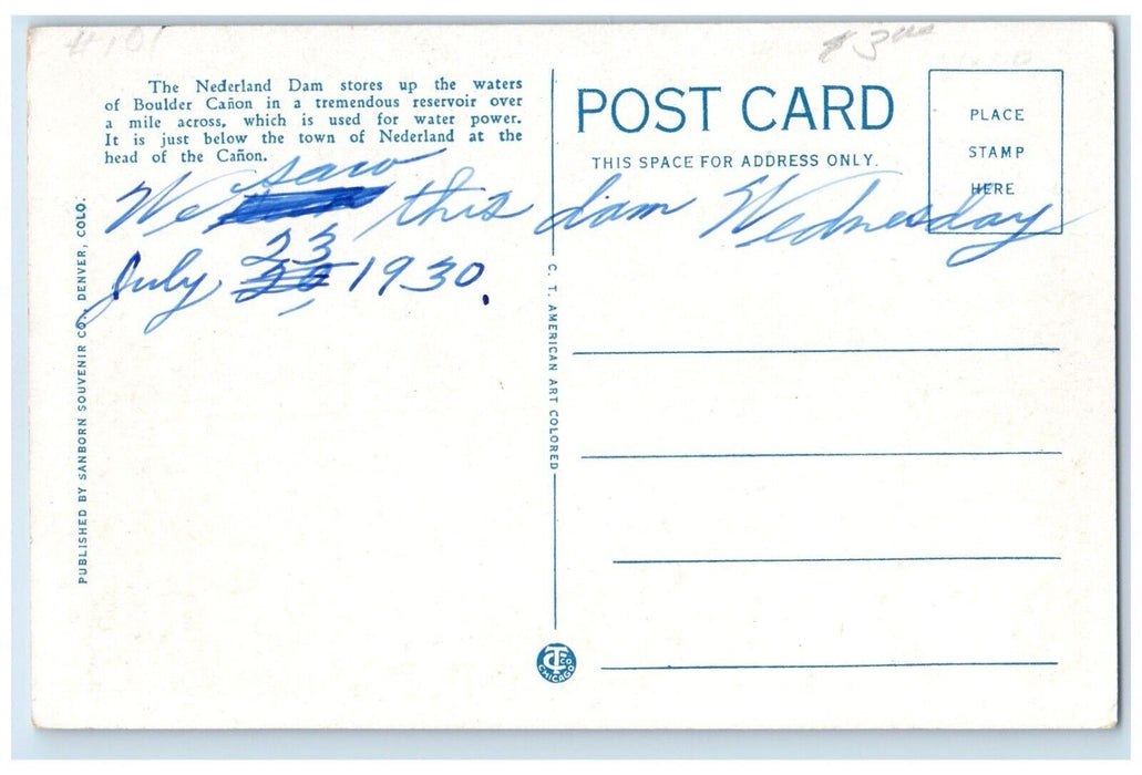 c1930 Scenic View Nederland Dam Boulder Canon Boulder Colorado Unposted Postcard